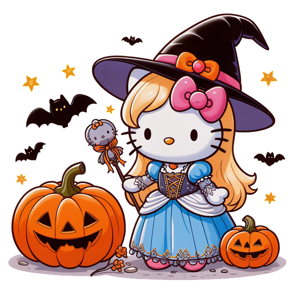 Hello Kitty dressed as a witch in a blue gown, holding a wand, surrounded by carved pumpkins and bats.DTF Transfers heat press transfers