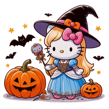 Hello Kitty dressed as a witch in a blue gown, holding a wand, surrounded by carved pumpkins and bats.DTF Transfers heat press transfers