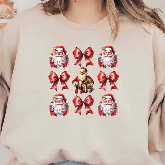 A festive arrangement featuring multiple cheerful Santa Claus images surrounded by vibrant red bows, perfect for holiday decorations. dtf transfers