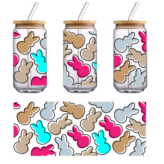 A playful pattern featuring colorful bunny silhouettes in shades of pink, blue, gray, and tan, perfect for festive designs.UV Transfersdtf regular iron