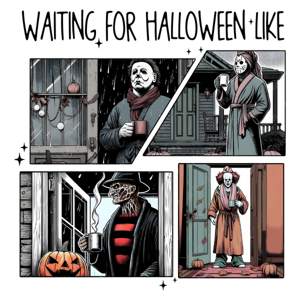 A humorous comic strip featuring iconic horror characters cozily waiting for Halloween, each holding a coffee mug in different spooky settings.dtf regular iron