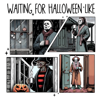 A humorous comic strip featuring iconic horror characters cozily waiting for Halloween, each holding a coffee mug in different spooky settings.dtf regular iron