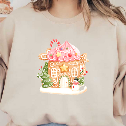 Festive gingerbread house with a pink frosting roof and cheerful snowman nearby!DTF Transfers