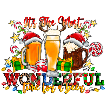 Celebrate the festive season with this cheerful design featuring frosty beer mugs, colorful gifts, and jolly decorations!DTF Transfersdtf regular iron dtf prints