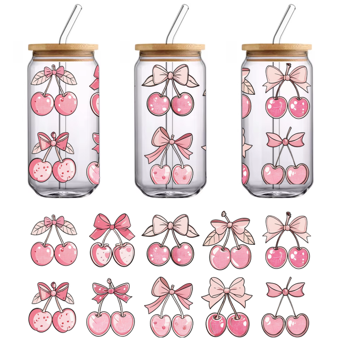 A delightful collection of pink-themed cherry illustrations, featuring bows and various cute designs, perfect for whimsical decorations.UV Transfers dtf transfers