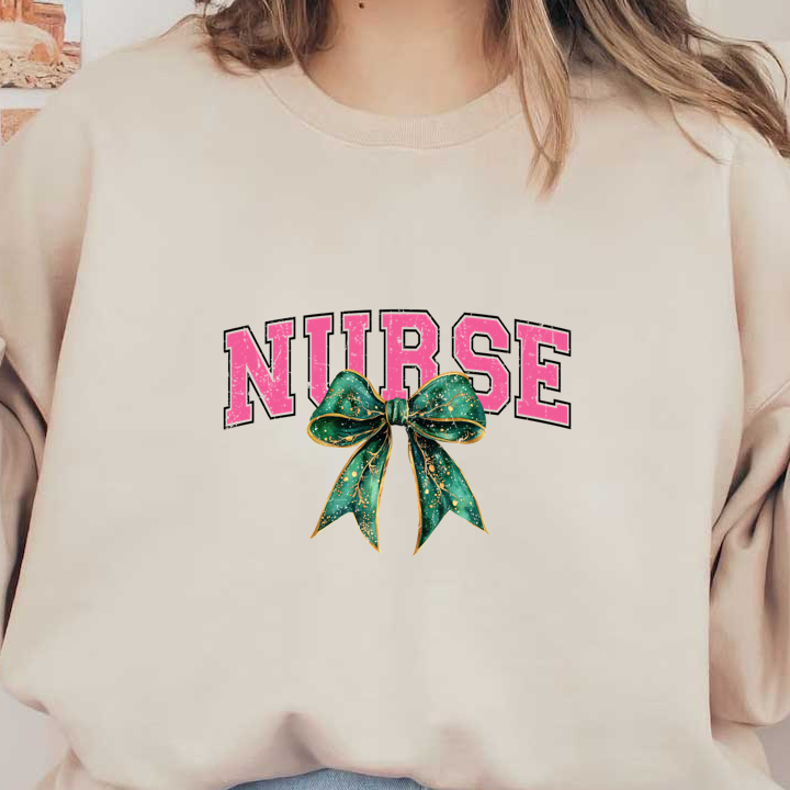 Festive and fun, this vibrant design features the word "NURSE" embellished with a decorative green bow, perfect for holiday cheer!DTF Transfers