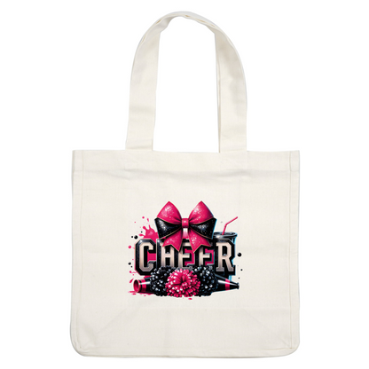 Cheerful graphic featuring a bold "CHEER" text surrounded by colorful pom-poms, a vibrant bow, and a drink.DTF Transfersdtf regular iron