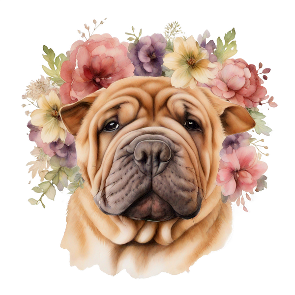 Una encantadora ilustración de un perro shar-pei rodeado de flores vibrantes, que muestra sus arrugas características y su rostro expresivo.