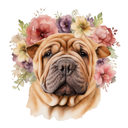 Una encantadora ilustración de un perro shar-pei rodeado de flores vibrantes, que muestra sus arrugas características y su rostro expresivo.