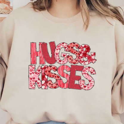 A playful and vibrant graphic featuring the words "Hugs & Kisses" adorned with a variety of hearts in shades of red.DTF Transfers