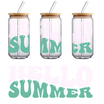 A colorful "Hello Summer" graphic featuring playful, wavy lettering in pink and green for a cheerful summer vibe.UV Transfers dtf prints