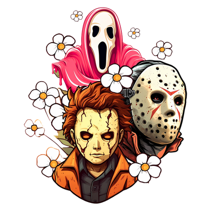 A vibrant, artistic illustration featuring iconic horror characters surrounded by delicate flowers, blending terror with playful charm. dtf transfers