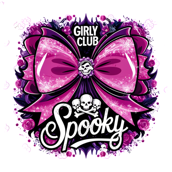 Un gráfico vibrante y espeluznante que presenta un gran lazo rosa, detalles de calaveras y elementos florales con el texto "Girly Club Spooky".