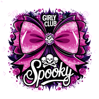 Un gráfico vibrante y espeluznante que presenta un gran lazo rosa, detalles de calaveras y elementos florales con el texto "Girly Club Spooky".