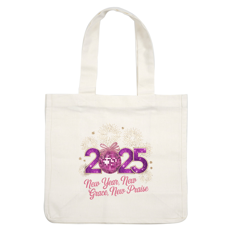 Celebrate 2025 with a vibrant design featuring a disco ball and fireworks, embodying the theme "New Year, New Grace, New Praise."DTF Transfers