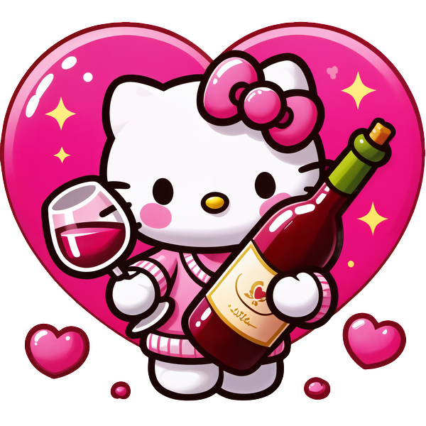 Cute cartoon character holding a bottle of red wine and a glass, surrounded by pink hearts and a vibrant heart background.DTF Transfers heat press transfers