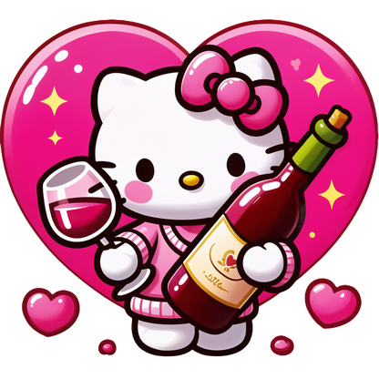 Cute cartoon character holding a bottle of red wine and a glass, surrounded by pink hearts and a vibrant heart background.DTF Transfers heat press transfers