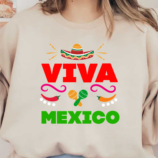 Celebrate Mexican culture with this vibrant design featuring "Viva Mexico," colorful maracas, a sombrero, and decorative chili peppers. dtf transfers