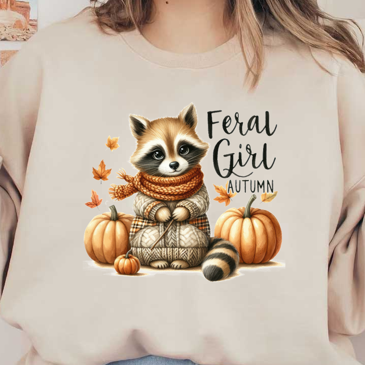 Un simpático personaje de mapache vestido con un atuendo acogedor con calabazas y hojas de otoño, que encarna el tema "Feral Girl".