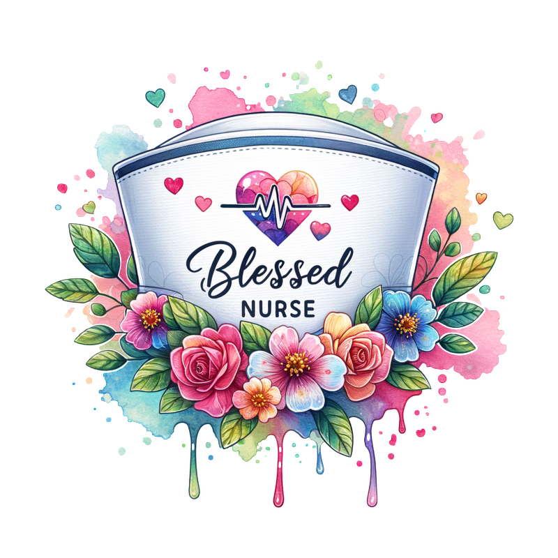 A vibrant design celebrating nurses, featuring the words "Blessed Nurse" surrounded by colorful flowers and a heart monitor graphic.DTF Transfers