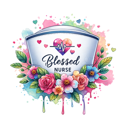 A vibrant design celebrating nurses, featuring the words "Blessed Nurse" surrounded by colorful flowers and a heart monitor graphic.DTF Transfers