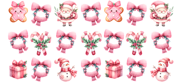 A delightful collection of pink-themed Christmas decorations featuring bows, wreaths, Santa, a snowman, and festive cookies!UV Transfers dtf prints