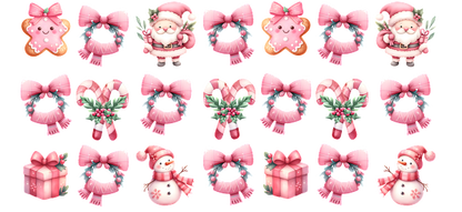 A delightful collection of pink-themed Christmas decorations featuring bows, wreaths, Santa, a snowman, and festive cookies!UV Transfers dtf prints