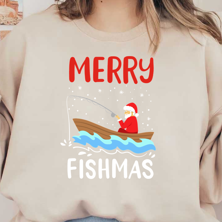 Celebrate the holiday spirit with this whimsical "Merry Fishmas" design featuring Santa fishing on snowy waters!DTF Transfers heat press transfers heat press transfers