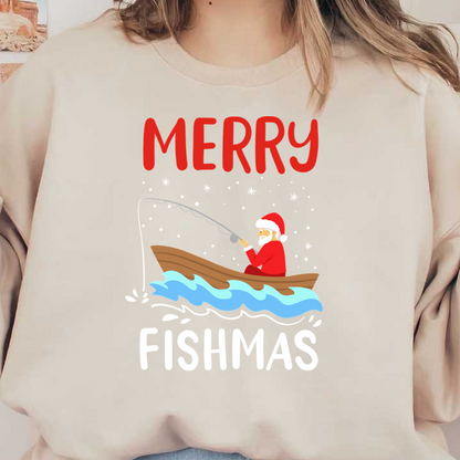 Celebrate the holiday spirit with this whimsical "Merry Fishmas" design featuring Santa fishing on snowy waters!DTF Transfers heat press transfers heat press transfers