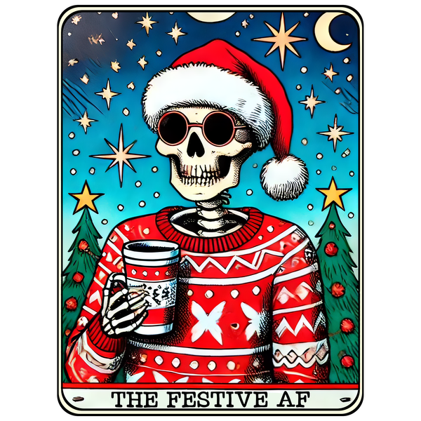 A quirky illustration featuring a skeleton in a festive sweater and Santa hat, holding a drink against a cheerful winter backdrop.dtf regular iron