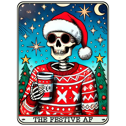 A quirky illustration featuring a skeleton in a festive sweater and Santa hat, holding a drink against a cheerful winter backdrop.dtf regular iron