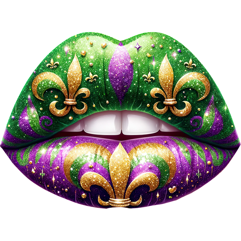 Sparkling and vibrant, these decorated lips feature a stunning mix of purple, green, and gold with intricate patterns.DTF Transfers