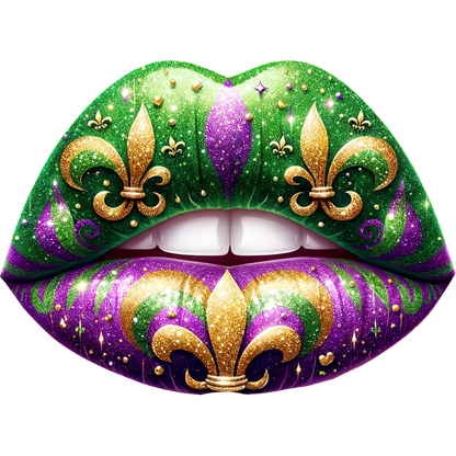 Sparkling and vibrant, these decorated lips feature a stunning mix of purple, green, and gold with intricate patterns.DTF Transfers