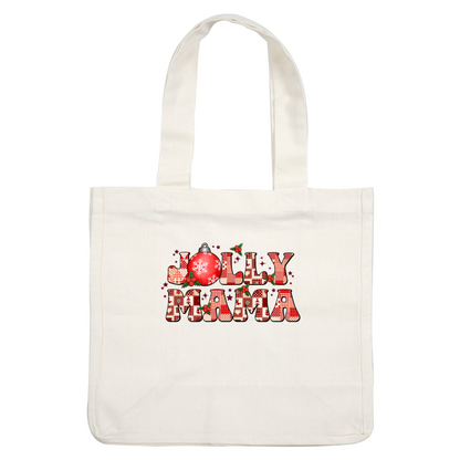 "Festive 'Jolly Mama' design featuring playful patterns, vibrant red colors, and a holiday ornament, perfect for Christmas cheer!" heat press transfers