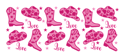 A playful pattern featuring pink cowboy boots, heart-shaped hats, and the word "Love" with star accents.UV Transfers dtf transfers