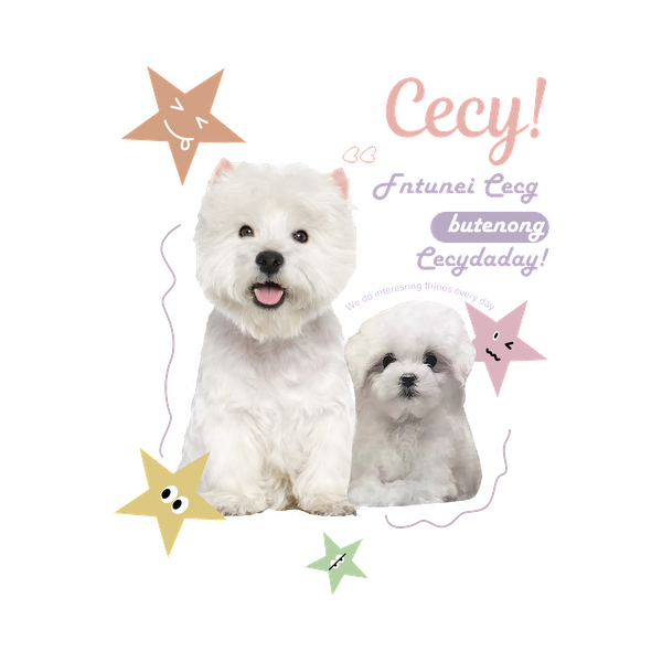 ¡Se presentan dos adorables perros blancos con estrellas divertidas y un texto encantador que celebra su ternura y amistad!