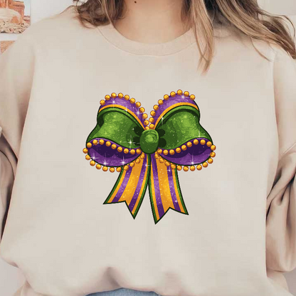 A vibrant green, purple, and gold decorative bow featuring sparkling embellishments, perfect for festive occasions like Mardi Gras.DTF Transfers