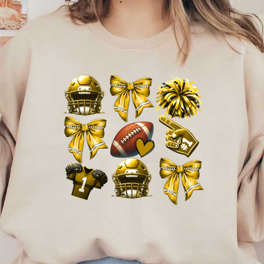 Una vibrante colección de artículos de fútbol dorados, que incluye cascos, una camiseta, lazos, un pompón, un balón de fútbol y un dedo de espuma.