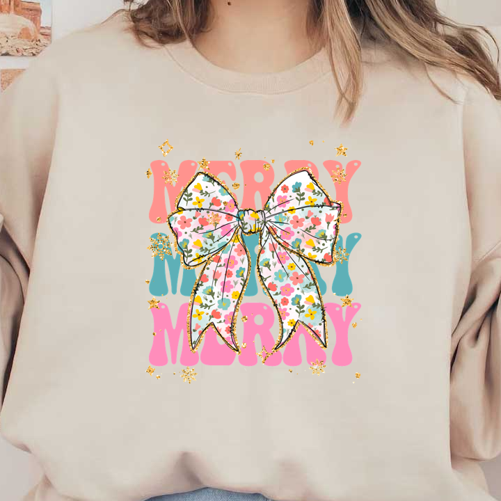 Colorful "MERRY" text adorned with a floral bow and festive sparkles, perfect for holiday celebrations and cheerful greetings.DTF Transfers dtf prints