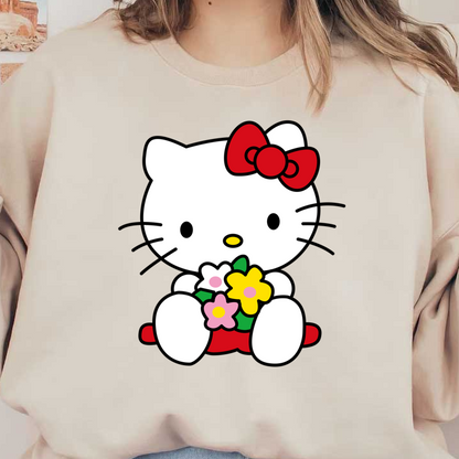 This adorable Hello Kitty character holds a bouquet of colorful flowers, featuring her signature red bow and cheerful expression.DTF Transfers