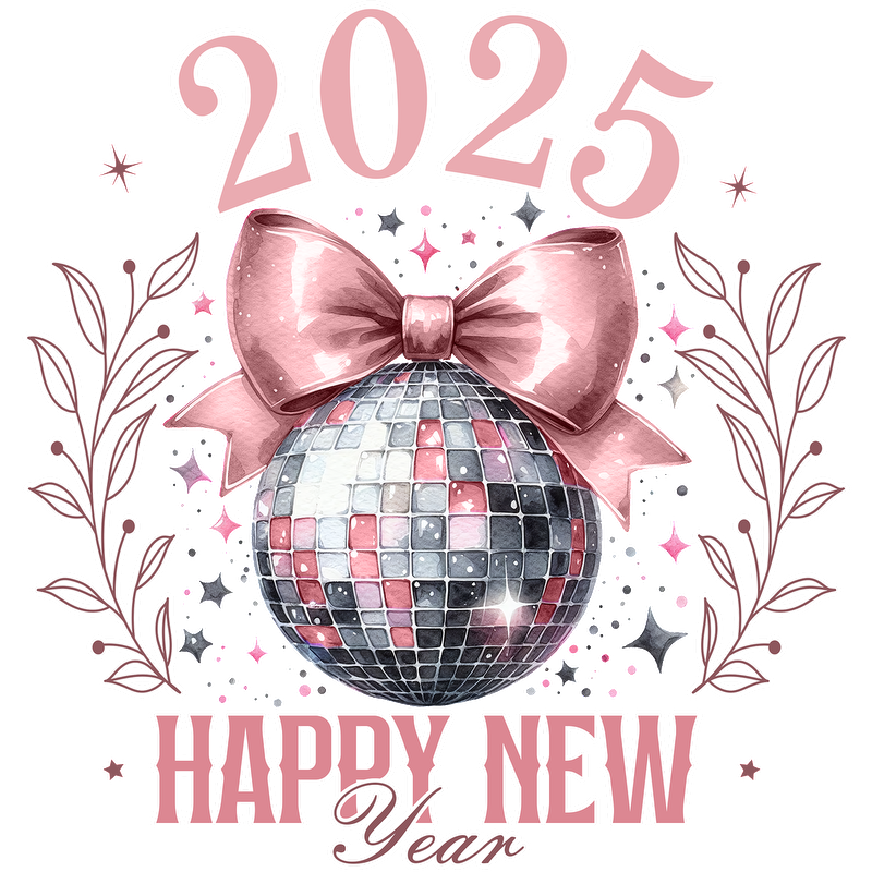 Celebrate the New Year 2025 with this festive design featuring a disco ball adorned with a pink bow and floral accents!DTF Transfers dtf prints