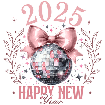 Celebrate the New Year 2025 with this festive design featuring a disco ball adorned with a pink bow and floral accents!DTF Transfers dtf prints