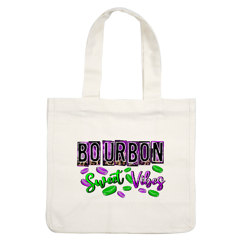 Colorful and fun graphic featuring "BOURBON" and "Sweet Vibes," surrounded by vibrant candy shapes in green and purple.DTF Transfers