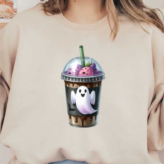 ¡Disfruta de un divertido vaso de helado con temática de Halloween que incluye un fantasma juguetón y coloridas bolas de helado cubiertas con una pajita verde!