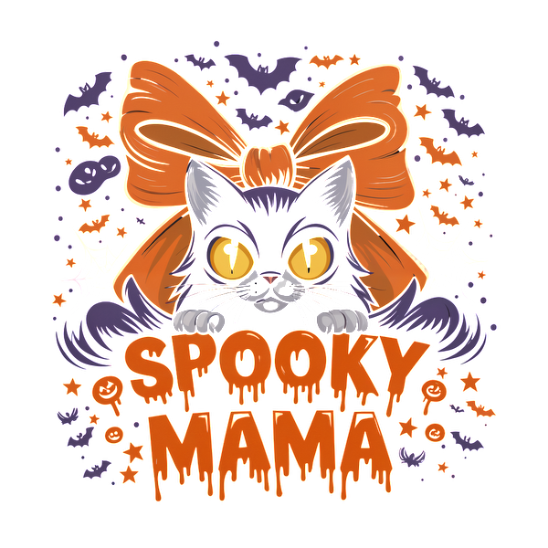 Un divertido diseño de Halloween que presenta un lindo gato negro con un gran lazo naranja, rodeado de decoraciones espeluznantes y el texto "Spooky Mama".