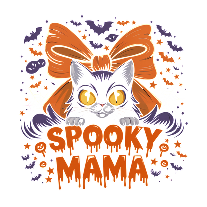 Un divertido diseño de Halloween que presenta un lindo gato negro con un gran lazo naranja, rodeado de decoraciones espeluznantes y el texto "Spooky Mama".