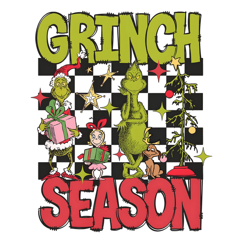 Celebrate the festive spirit with this vibrant "Grinch Season" design featuring the Grinch, Cindy Lou Who, and their adorable companions!DTF Transfers dtf prints