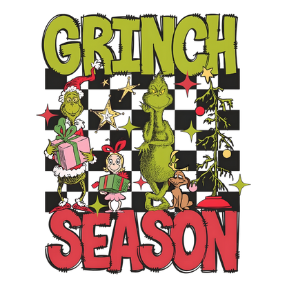 Celebrate the festive spirit with this vibrant "Grinch Season" design featuring the Grinch, Cindy Lou Who, and their adorable companions!DTF Transfers dtf prints