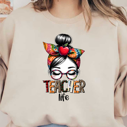 A vibrant digital illustration features a stylish woman with a colorful patterned headband and an apple accent, embodying a playful vibe.DTF Transfers