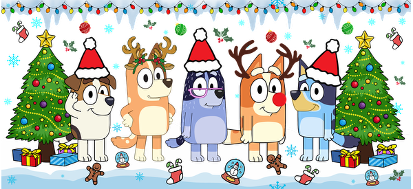 A festive gathering of cheerful cartoon dogs in Christmas hats, surrounded by trees, decorations, and gifts in a snowy setting.UV Transfers heat press transfers